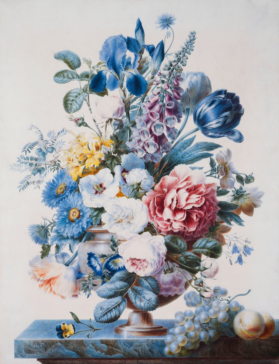 En vase med blomster på en avsats med druer og fersken, av French School