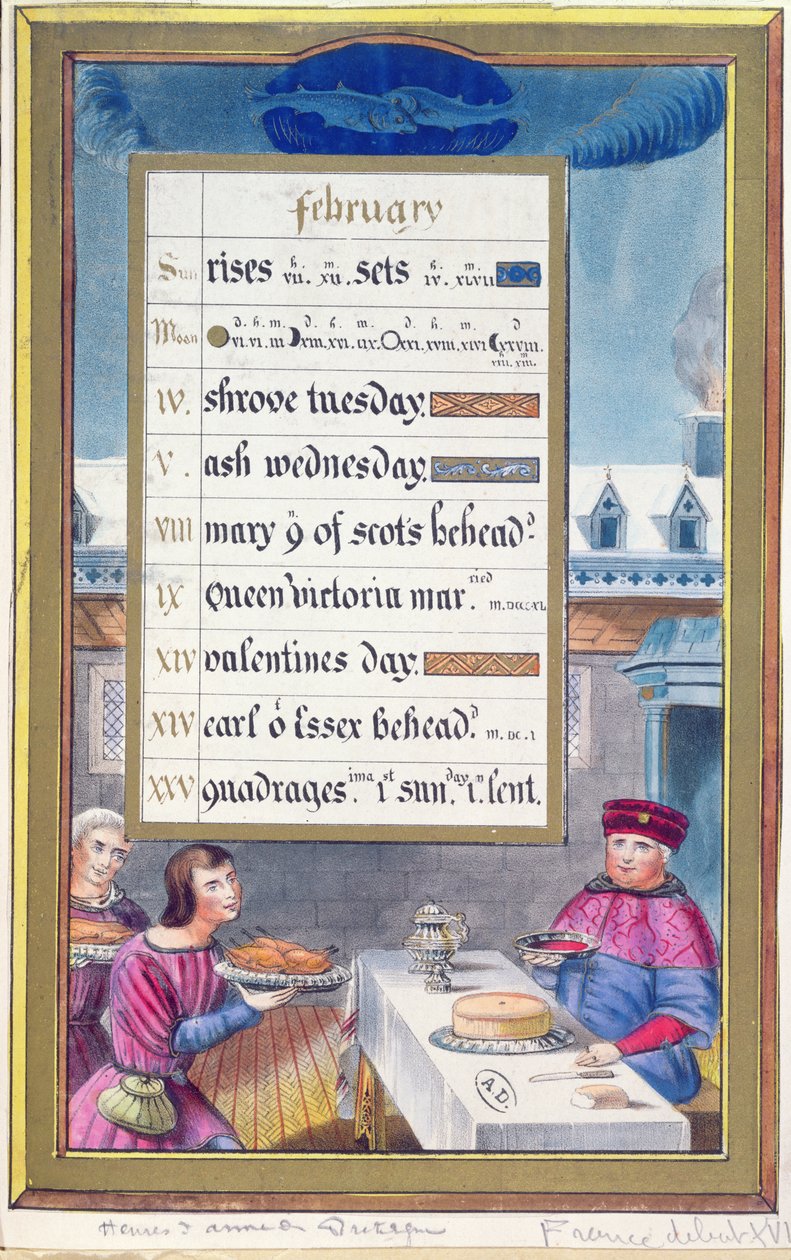 Et viktoriansk kalenderark for februar med en illustrasjon fra Anne de Bretagnes timebok (1488-1514) av French School