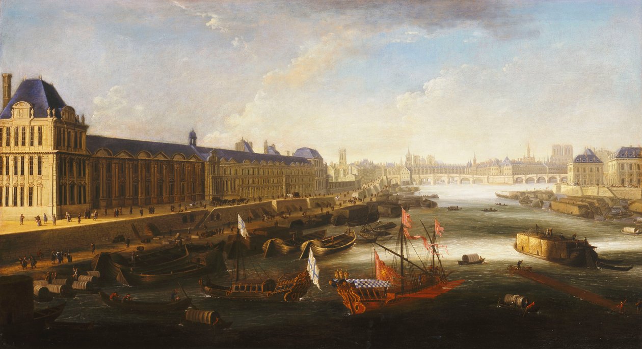 En utsikt over Paris og Seinen med utsikt østover fra Pont Barbier, ca. 1668 av French School