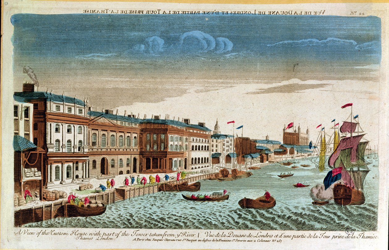 En utsikt over Custom House med en del av tårnet, tatt fra Themsen, London, midten av 1700-tallet (fargegravering) av French School