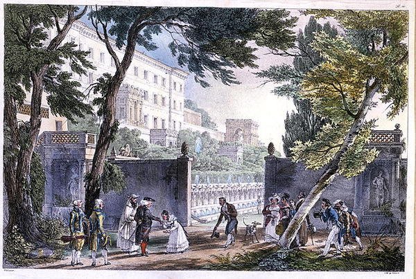 En villa i Roma, gravert av Villain, ca. 1820 (farge litho) av French School