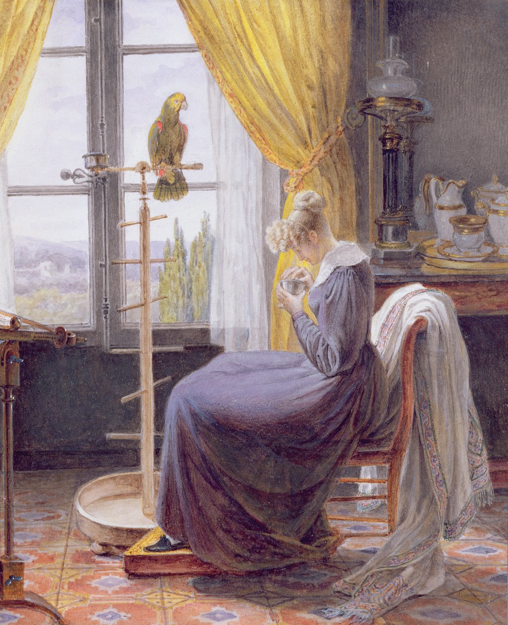 En kvinne som mater en papegøye i et interiør, ca. 1820 (wc med gouache på papir) av French School