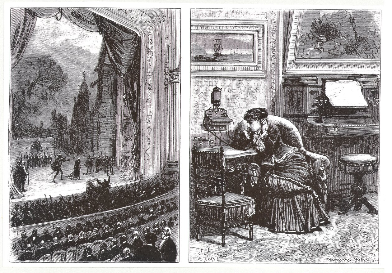 En kvinne som lytter til en operaforestilling i sitt eget hjem ved hjelp av Ader-Bell-telefonen og Aders-arrangement for musikkoverføring, fra Les Nouvelles Conquetes de la Science av Louis Figuier, av French School