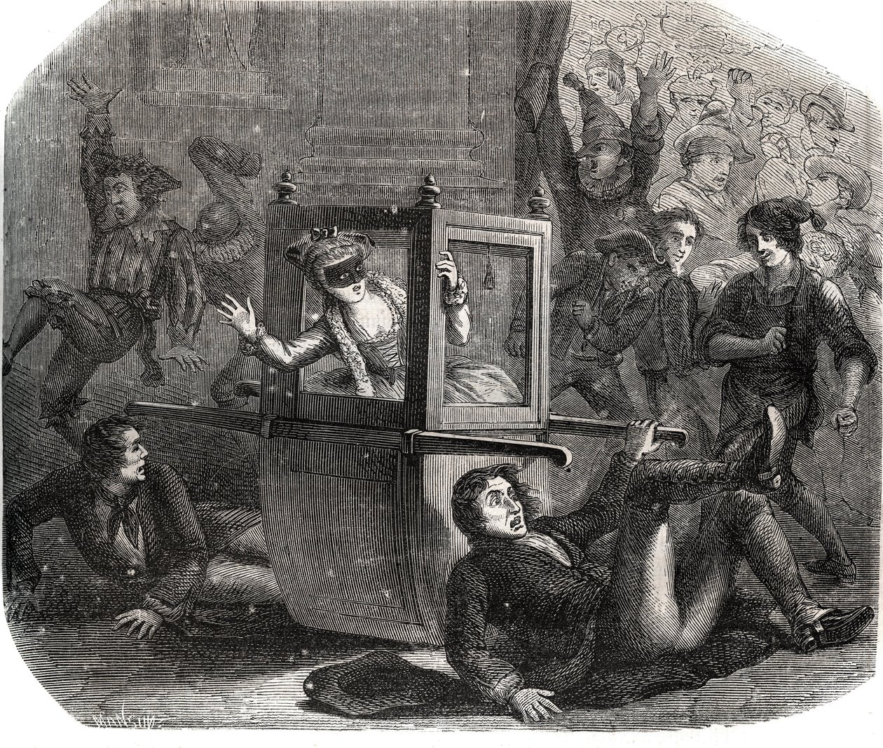 Et band med jokere hindrer Marie-Therese (Marie Therese) Le Vasseur (Levasseur) (1721-1801), et kostyme for karnevalet, fra å gå videre i rullestolen hennes. Hun er et offer for hevnen til en av de tidligere elskerne. Gravering fra 1871 i "Histoire Des Coc av French School