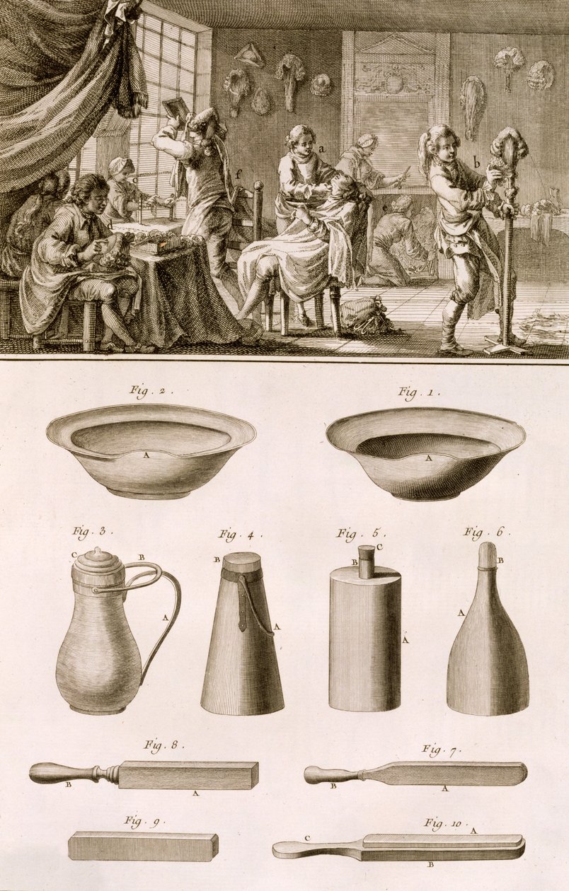 En frisørsalong og barberverktøy, fra Encyclopedie des Sciences et Metiers av Denis Diderot (1713-84) utgitt ca. 1770 av French School