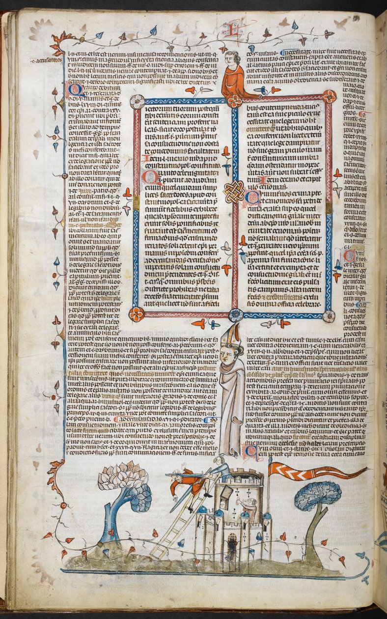 En bas-de-page scene av en mann som forsøker å invadere et slott, blir drept av en av forsvarerne, fra Smithfield Decretals, Royal 10 E. IV, f.18v av French School