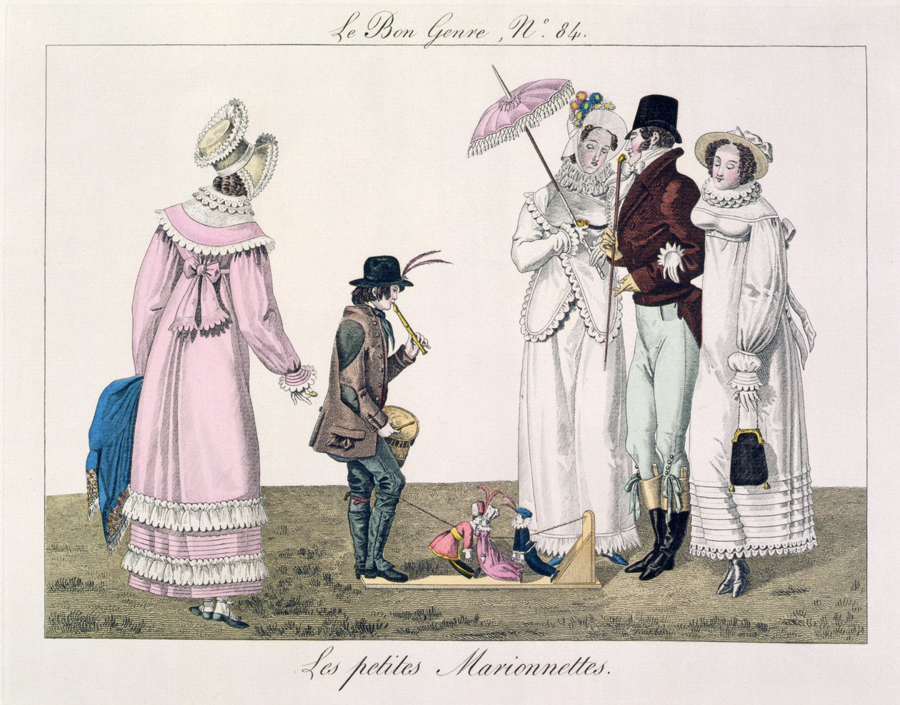 En gutt som underholder med dansende dukker, plate 84 fra le Bon Genre, ca. 1810 (fargegravering) av French School