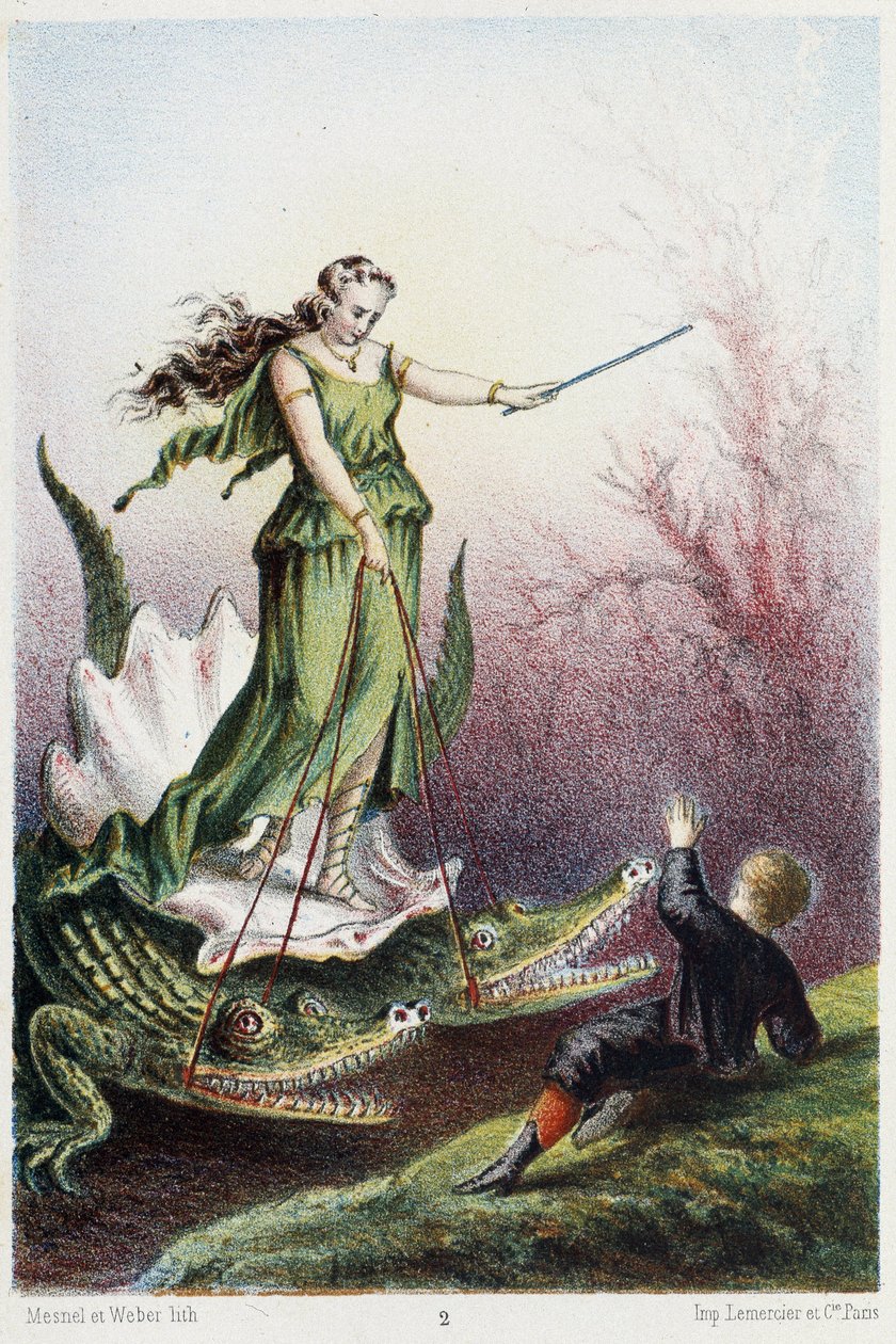 En gutt foran en kvinne på en stridsvogn drevet av to krokodiller - i «Reisen til havets bunn» av H. de la Blanchère. Paris, red. Jouvet et Cie, sd. 1880. (dobbel 02945) av French School