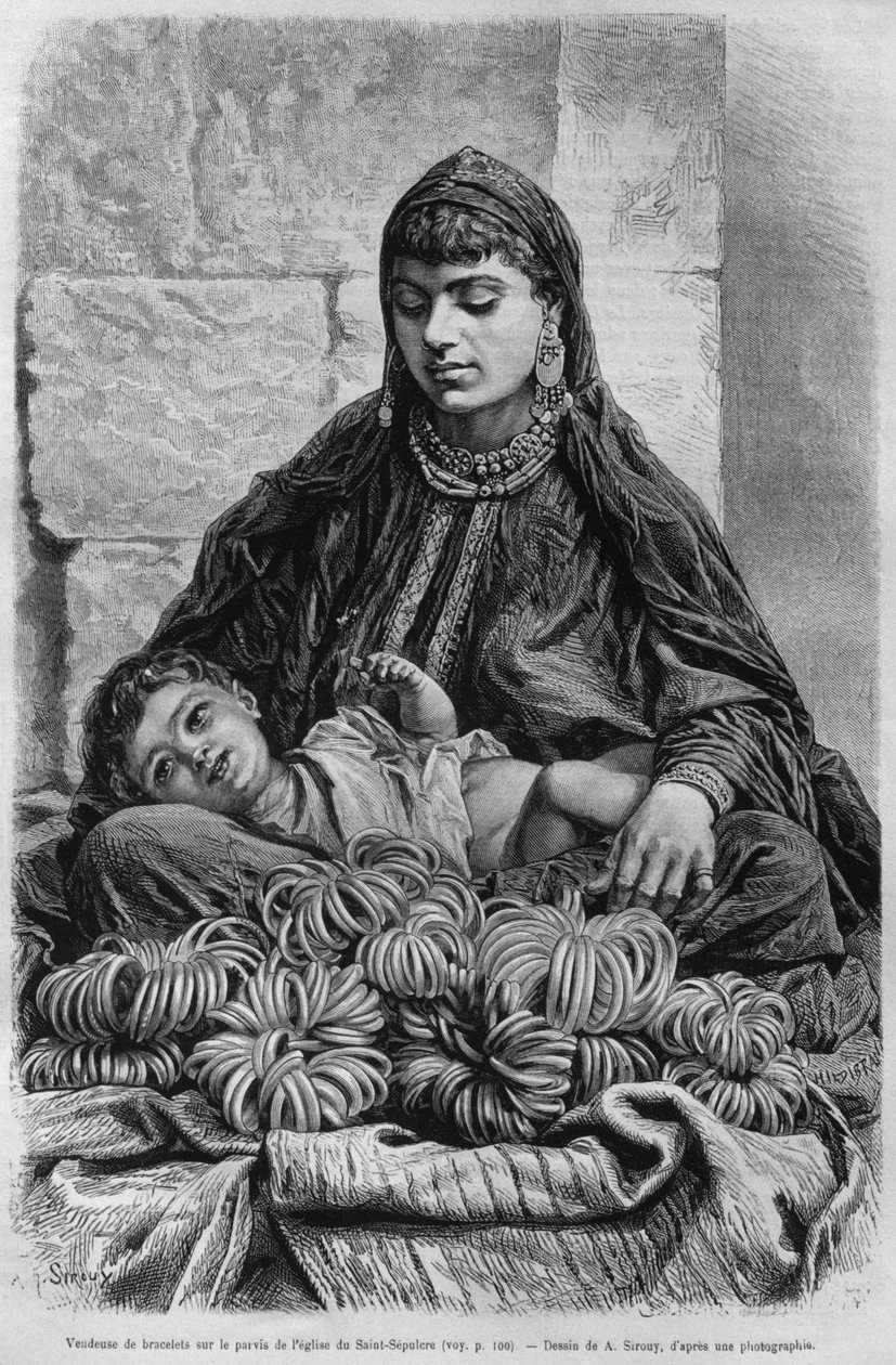 En armbåndselger nær Den hellige gravs kirke, fra Syria i dag. Reiser i Fønikia, Libanon og Judea. 1875-1880 av Louis Charles Emile Lortet, 1884 (bw gravering) av French School