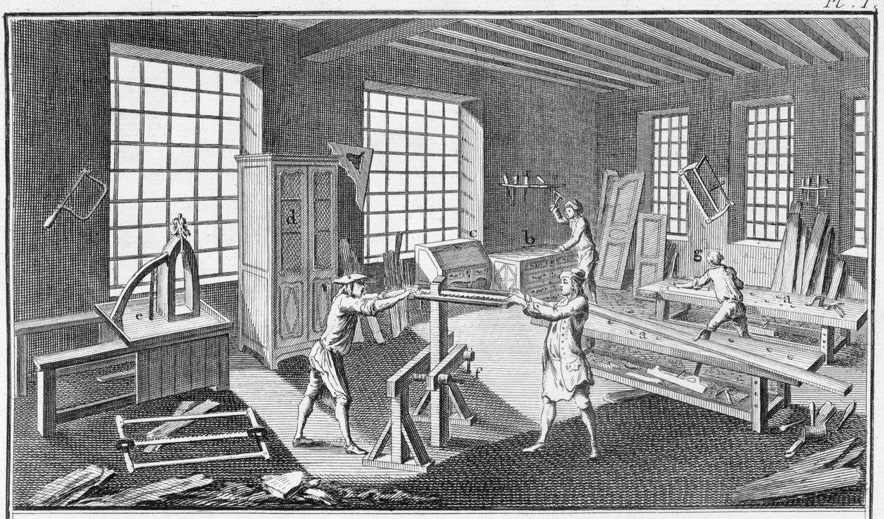 Et møbelsnekkerverksted, fra Encyclopedie des Sciences et Metiers av Denis Diderot (1713-84) utgitt ca. 1770 av French School