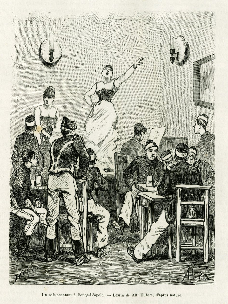 En kafé som synger i Bourg Leopold. Gravering av A.Hubert for å illustrere historien La Belgique, av Camille Lemonnier, i le tour du monde 1886, regissert av Edouard Charton (1807-1890), Hachette, Paris. av French School