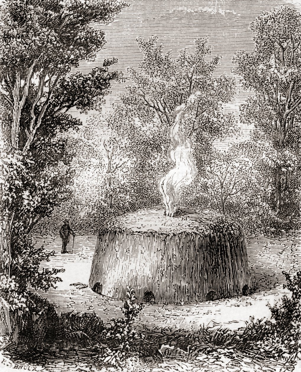 En kullovn i skogen, etter en tegning fra 1800-tallet, fra Les Merveilles de la Science, utgitt ca. 1870 (gravering) av French School