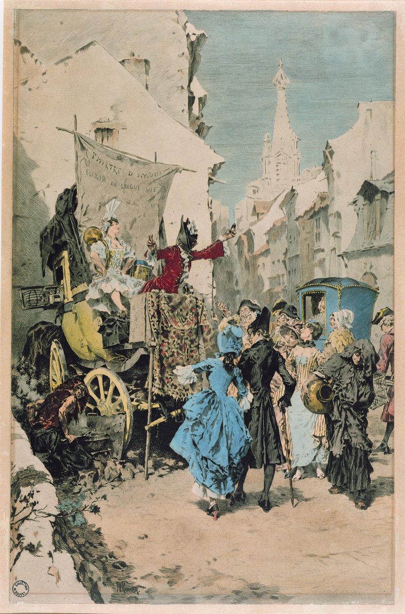 En sjarlatan som selger en ungdomseliksir fra 1700- og 1800-tallet av French School