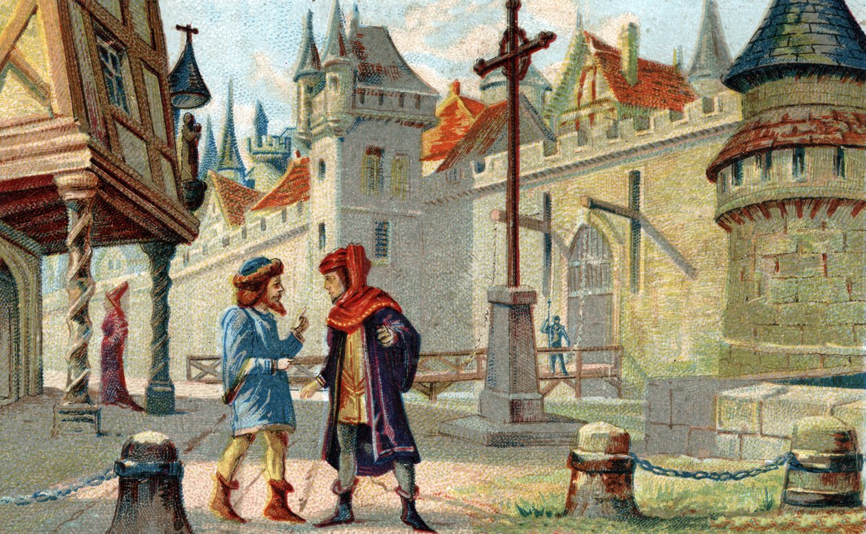 A city in the Middle Ages. Chromolithography of the late 19th century. av French School
