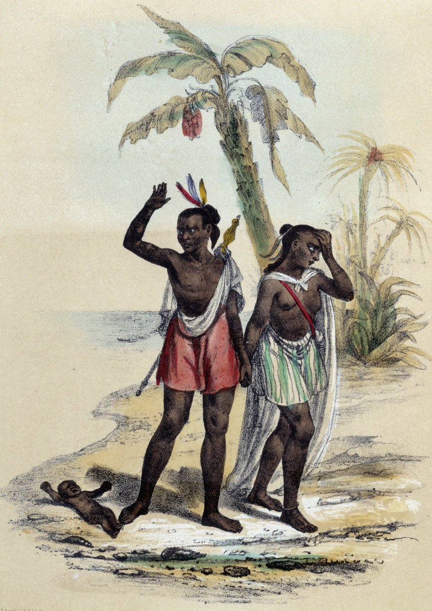 Et par og en baby på en strand; illustrasjon for markisene, -i "Les twelve Nations"" av M.E Fouinet av French School