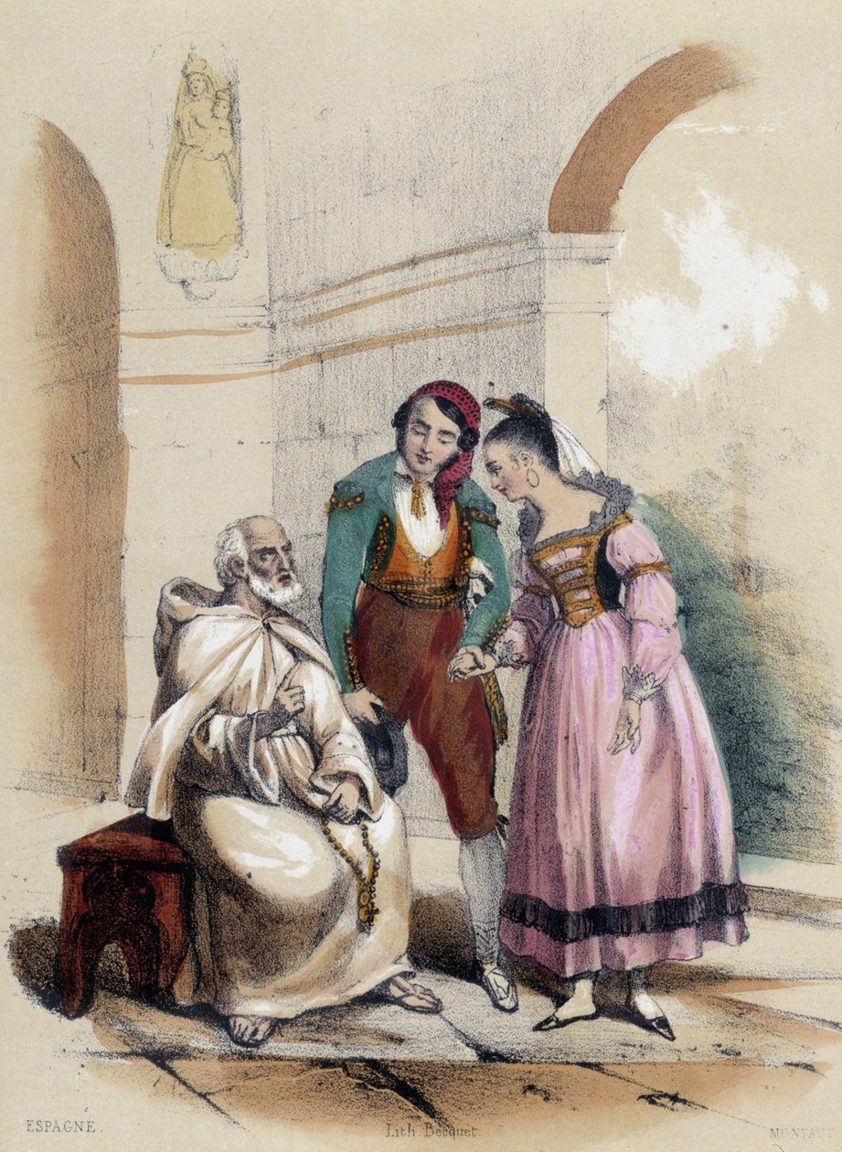 A couple getting married in church; illustration for Spain, -in “The twelve Nations”” by M.E Fouinet av French School