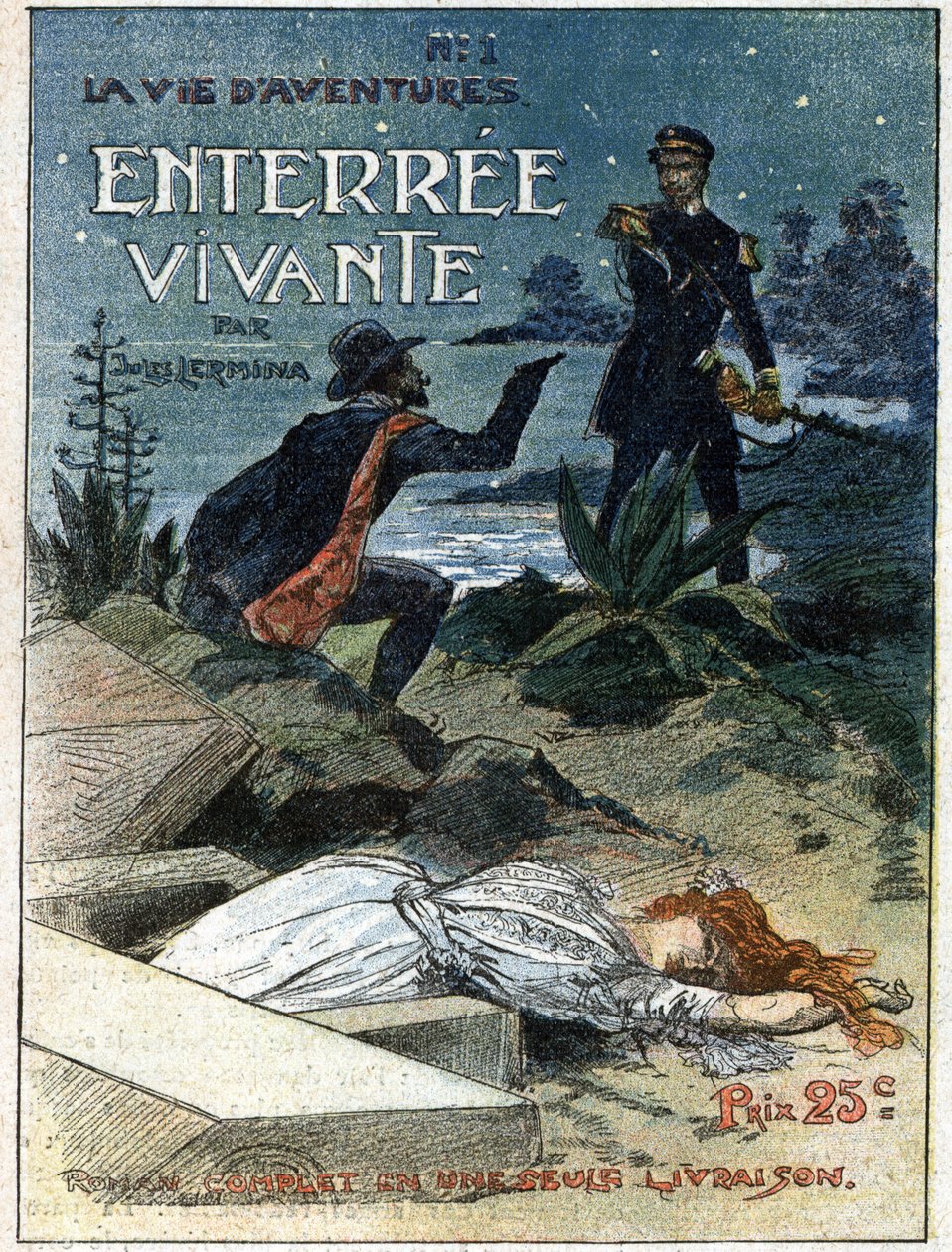 Et kriminell våpen med en pistol truer en lovmann som fanget ham mens han våget å begrave en kvinnes kropp. Illustrasjon for "" Living Burial"" av Jules Lermina (1839-1913). En av avisene "Life of Adventures". Gravering i "" Journal des Voyages"" av av French School