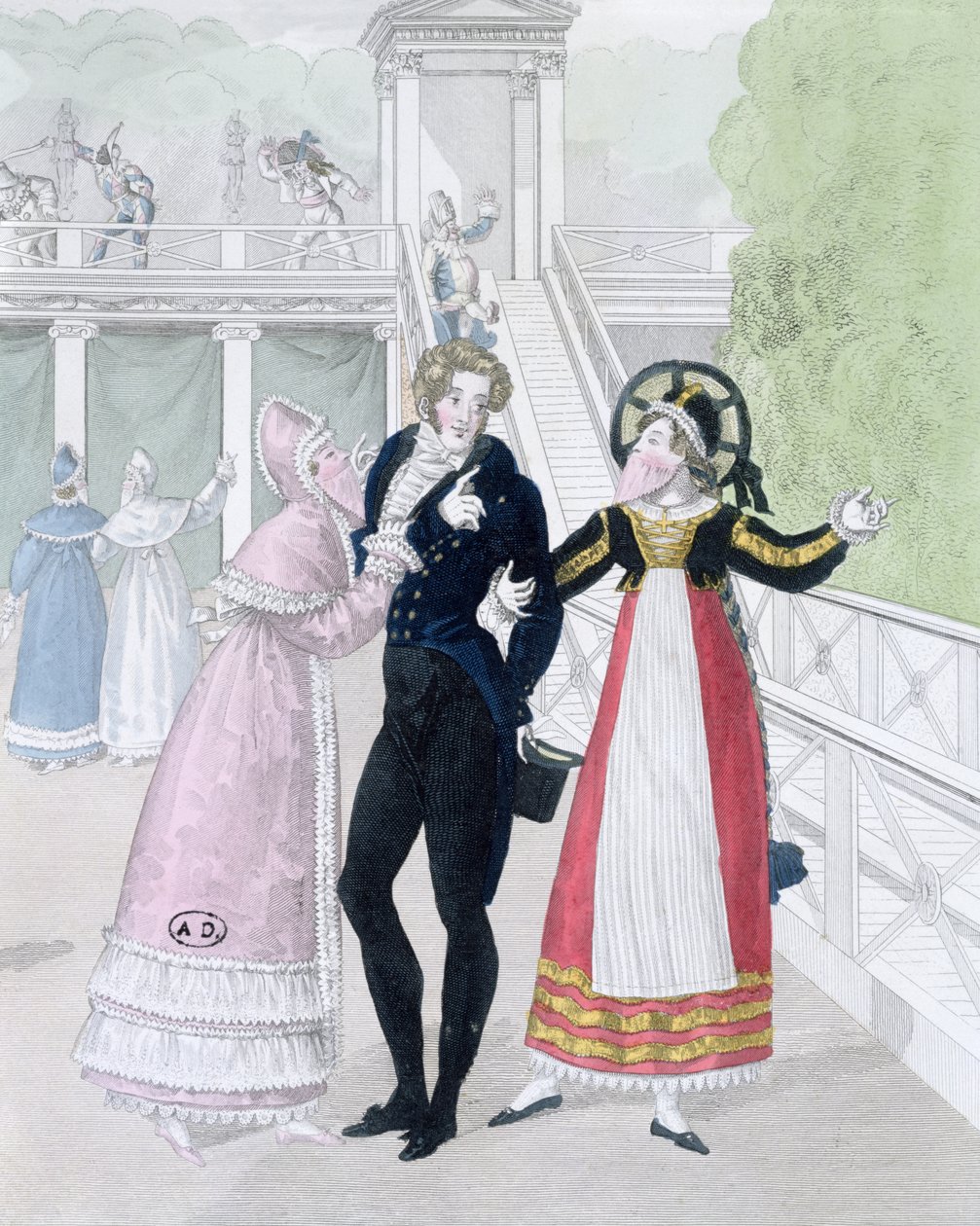 En dandy som kurtes av to maskerte kvinner, fra serien Le Bon Genre (håndfarget gravering) av French School