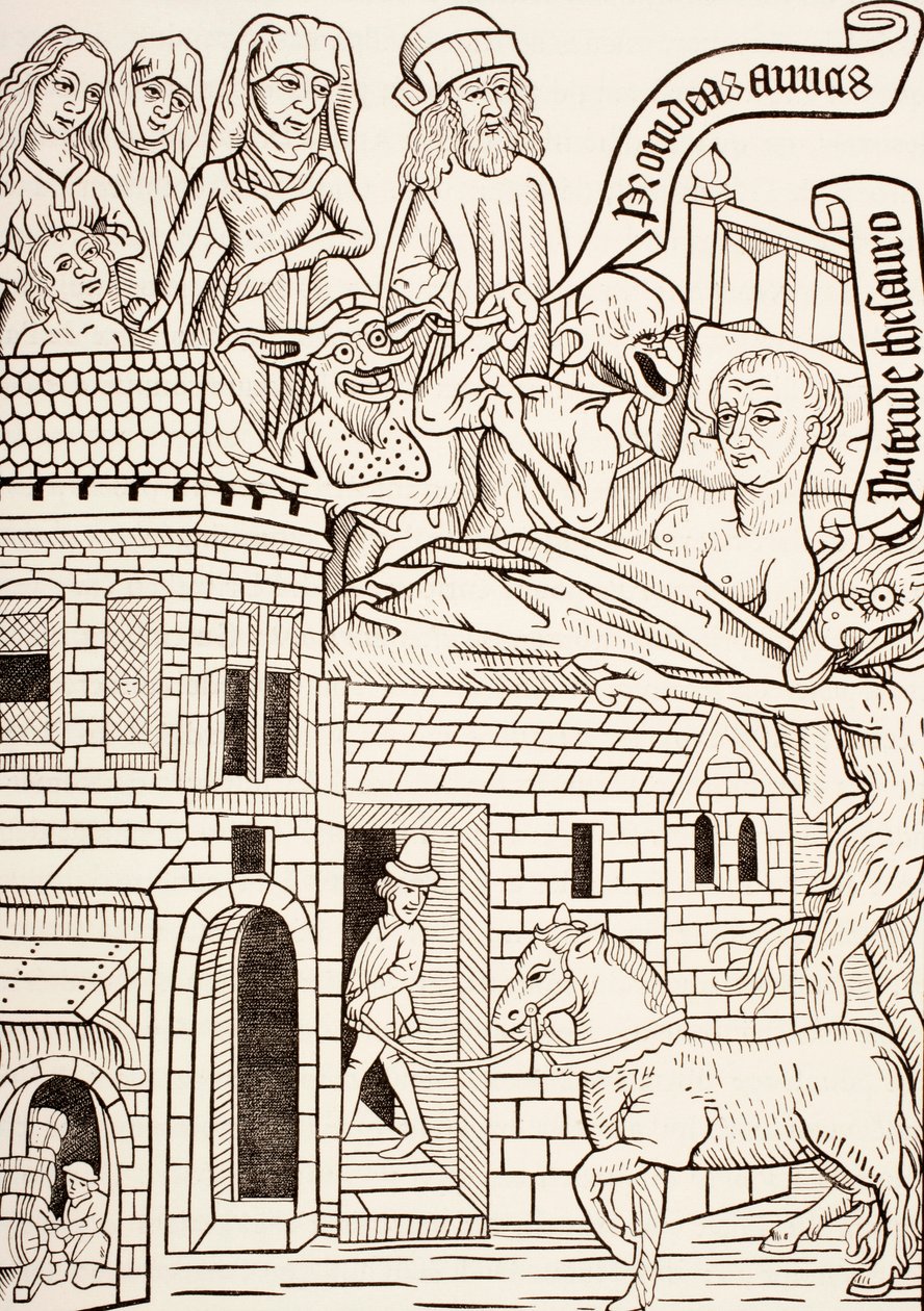 En døende synder omgitt av sin familie og to djevler hvisker i øret hans, side fra 1400-tallets tekst Ars Moriendi eller The Art of Dying, fra Les Artes au Moyen Age, publisert 1873 av French School