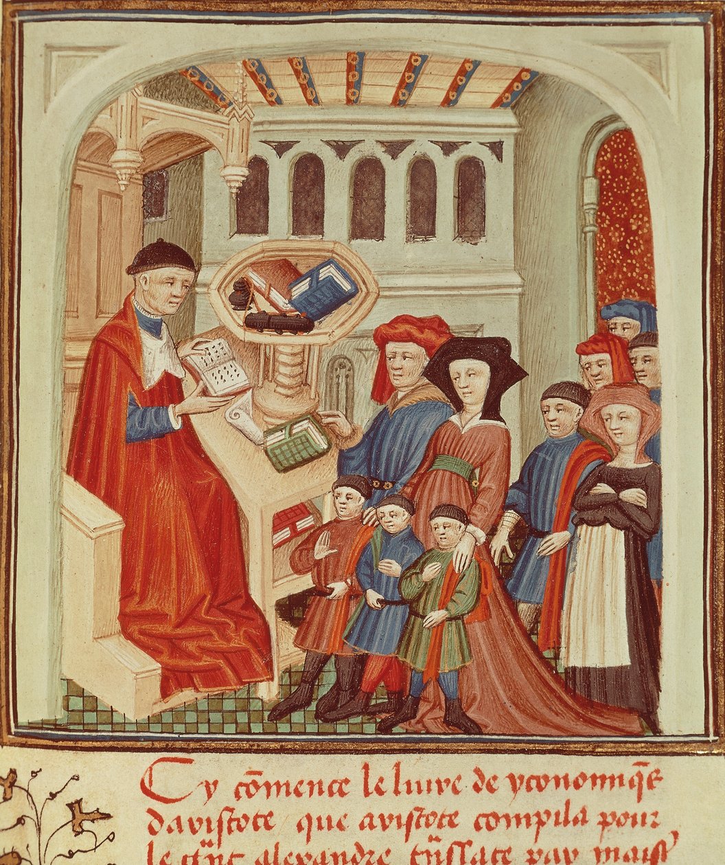 En familie foran en finansmann, miniatyr fra Ethics, Politics, the Economy av Aristoteles, Frankrike av French School