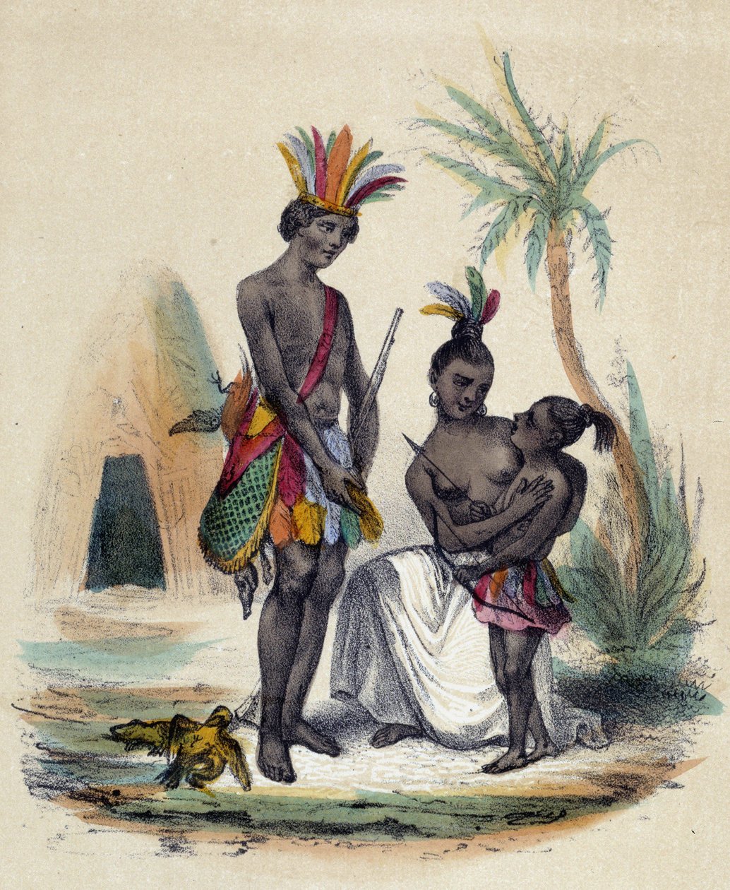 En familie av kanadiske indianere foran tipiene sine; illustrasjon for Canada, -i "The twelve Nations" av M.E Fouinet av French School