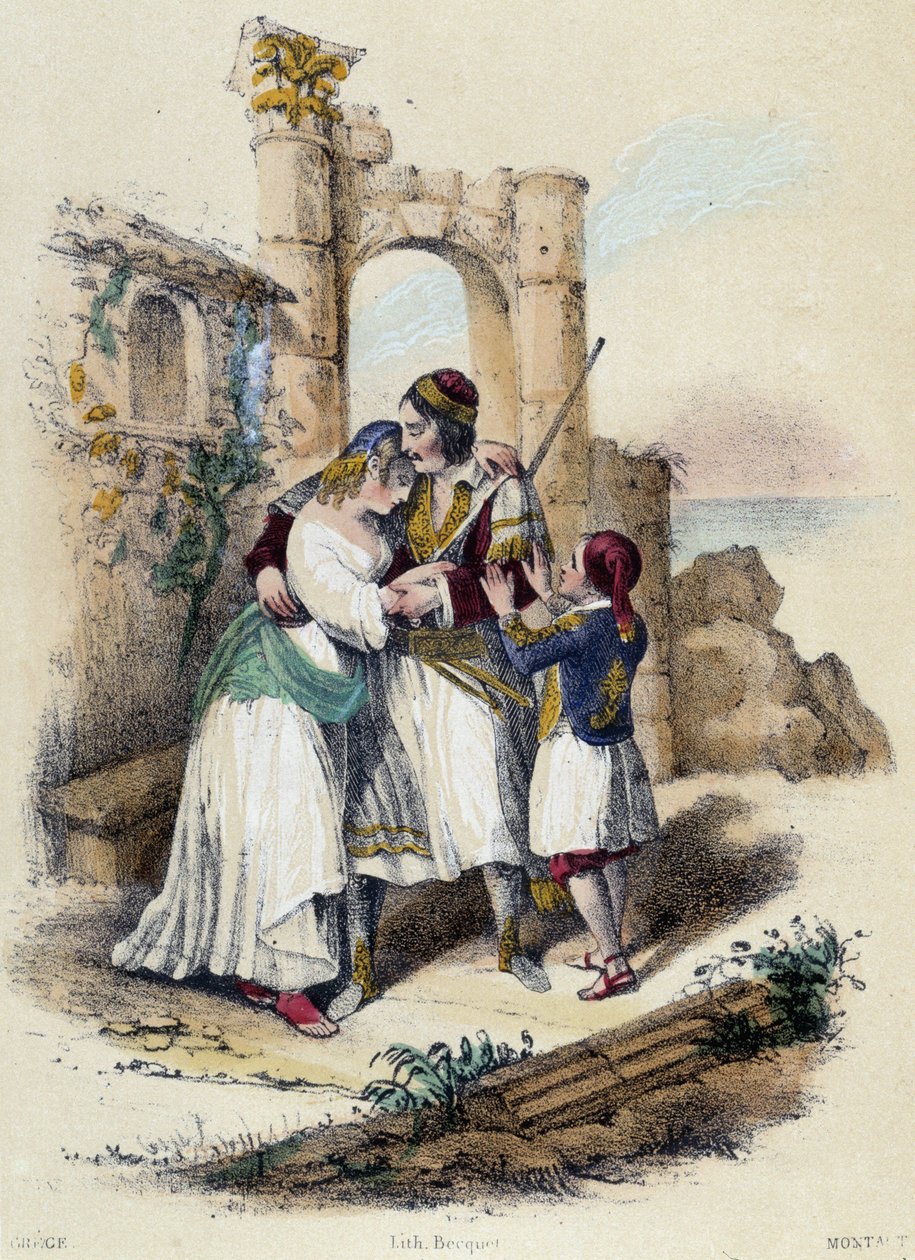 En familie omgitt av ruiner; illustrasjon for Hellas, -i "De tolv nasjoner" av M.E. Fouinet av French School