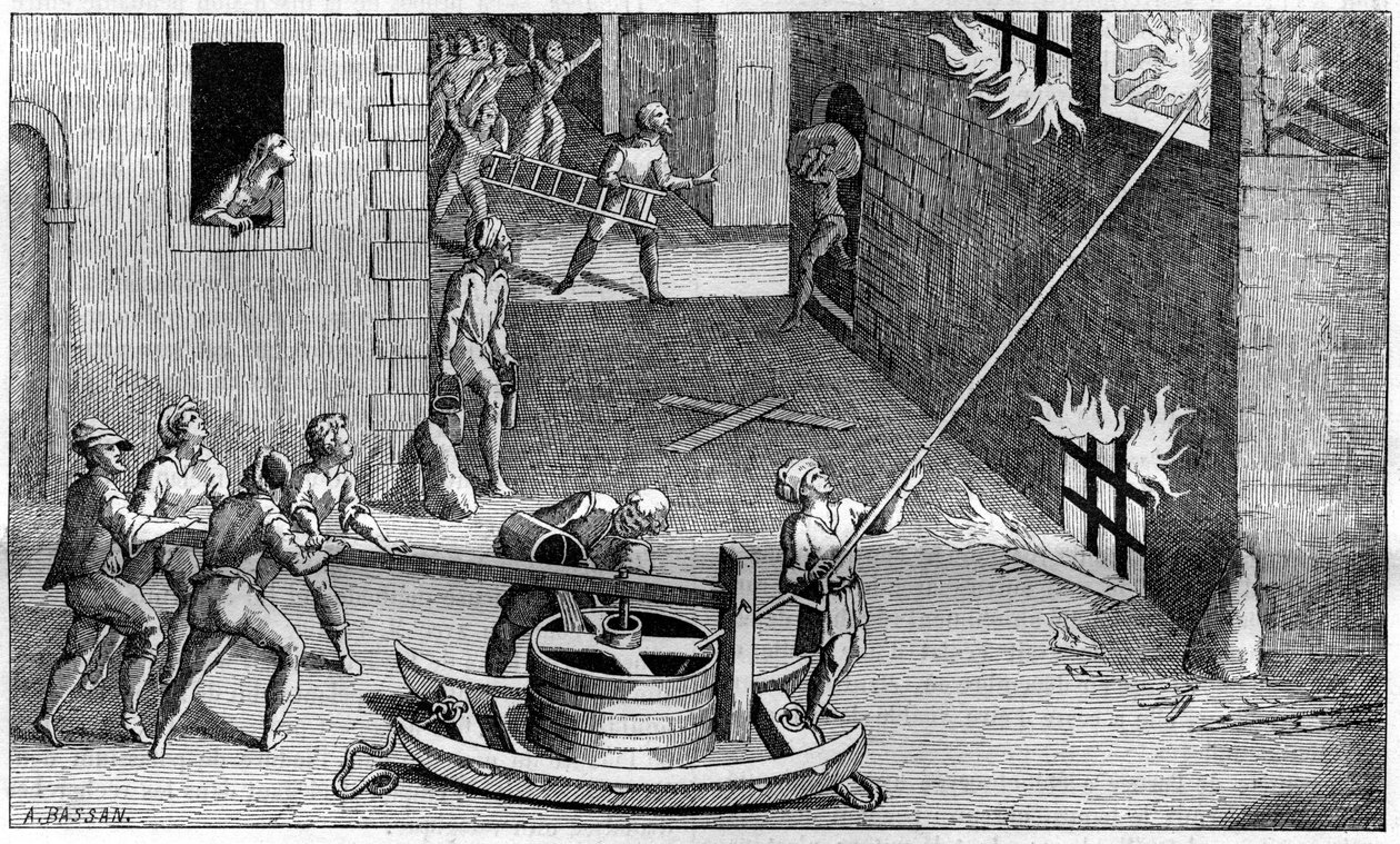 En brannpumpe på begynnelsen av 1600-tallet, etter Solomon de Caux (Solomon de Caus) av French School