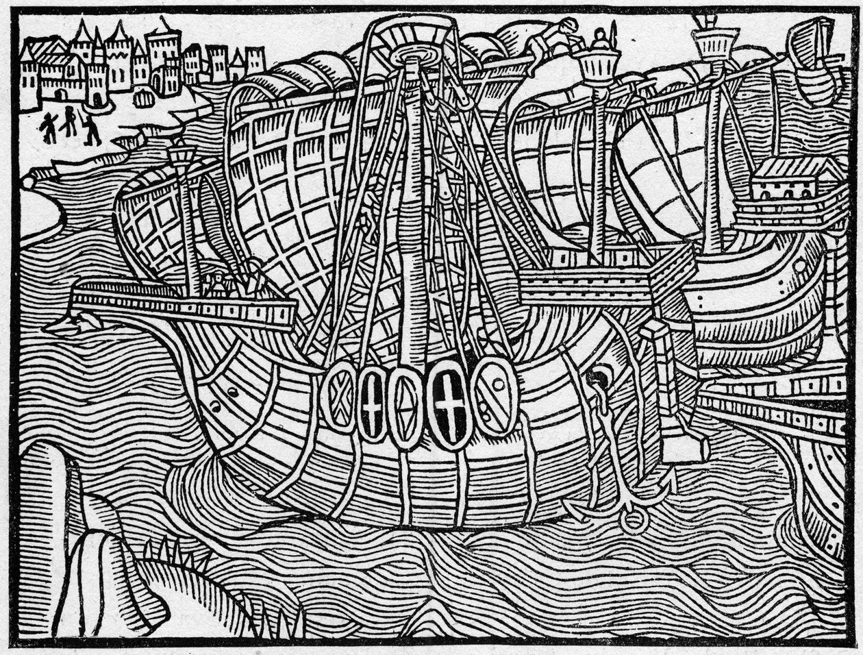 En flåte på 1400-tallet, etter en gravering av "Vergier Dõhonneur". Gravering i «La Marine et les colonies: handel» av French School