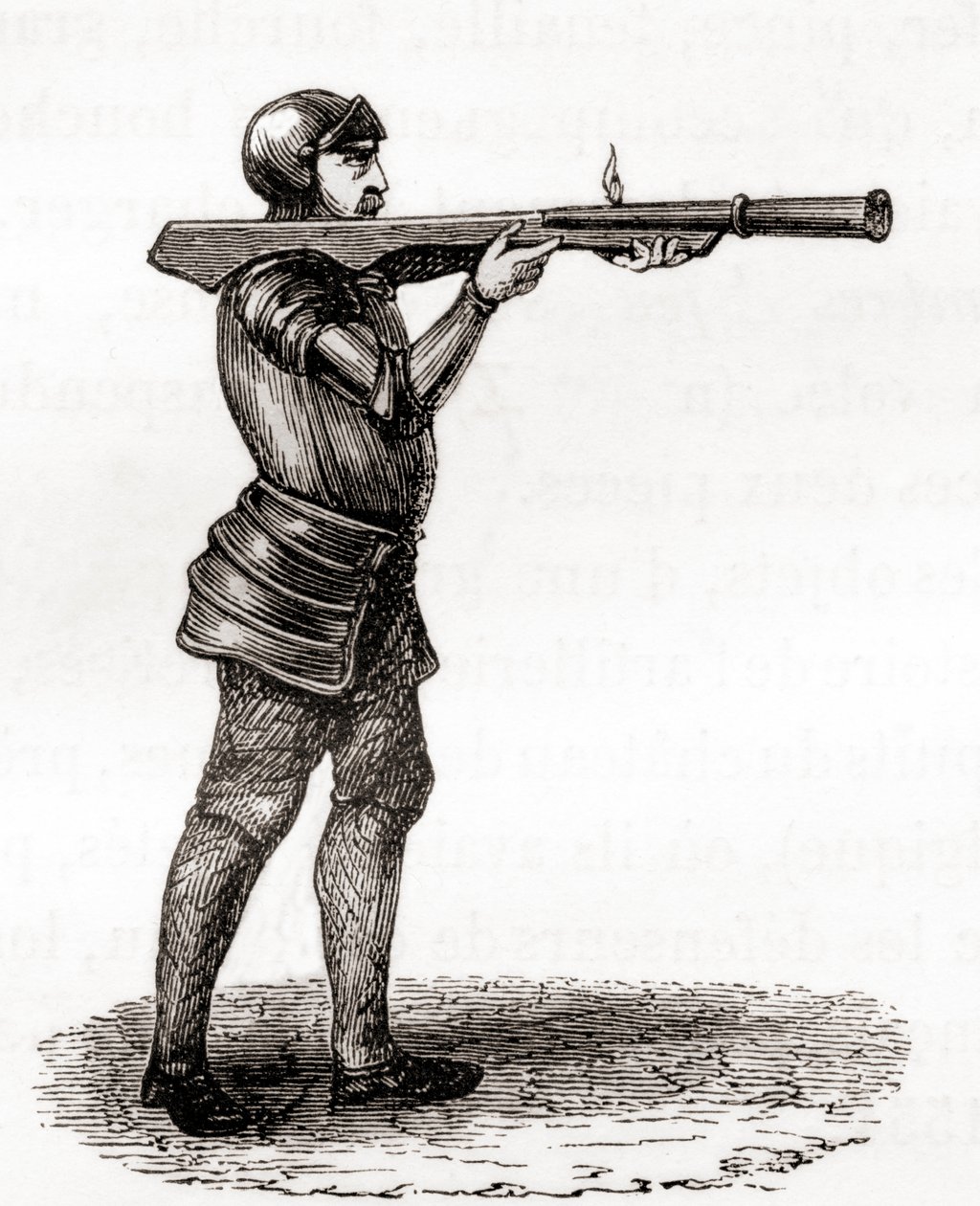 En fotsoldat som bruker et håndholdt bombardement, sent på 1300- og 1400-tallet, etter en tegning fra 1800-tallet, fra Les Merveilles de la Science, publisert ca. 1870 (gravering) av French School