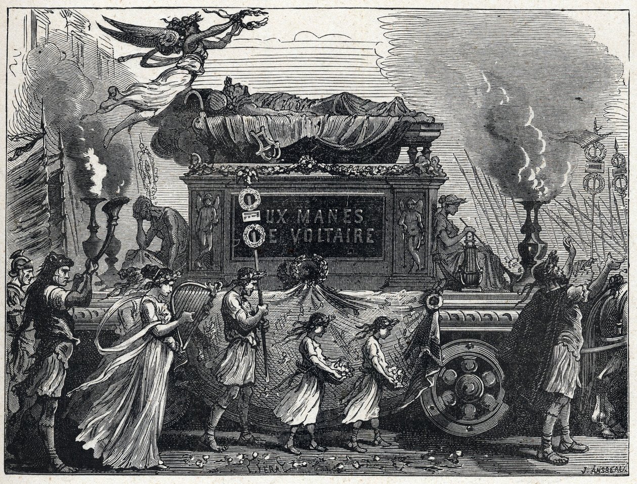 En funebre tank som bærer Voltaires kropp (Francois Marie Arouet av French School