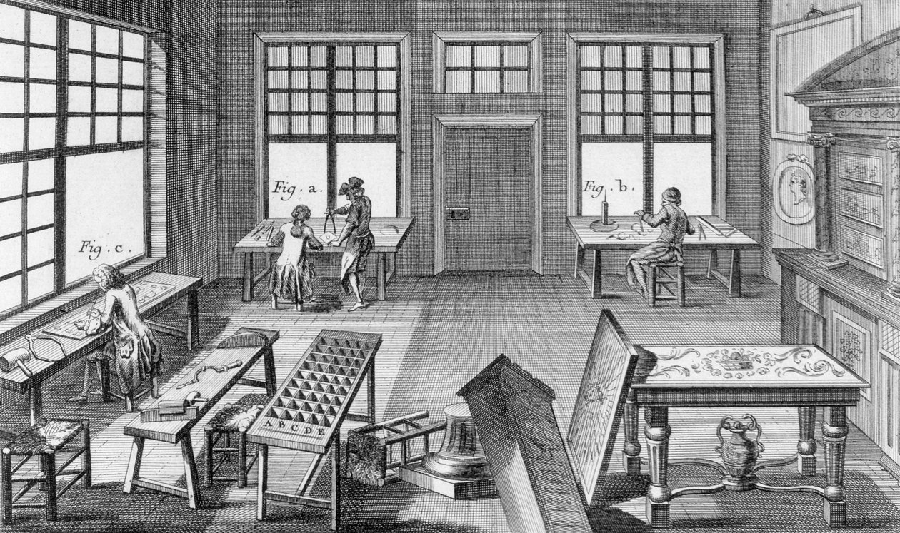 Et møbelinnleggsverksted, fra Encyclopedie des Sciences et Metiers av Denis Diderot (1713-84) utgitt ca. 1770 av French School