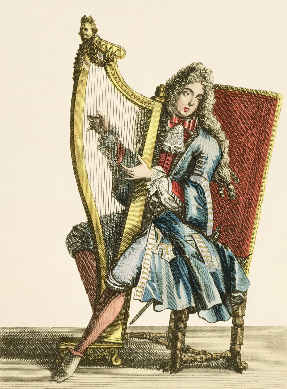 En herre som spiller harpe av French School
