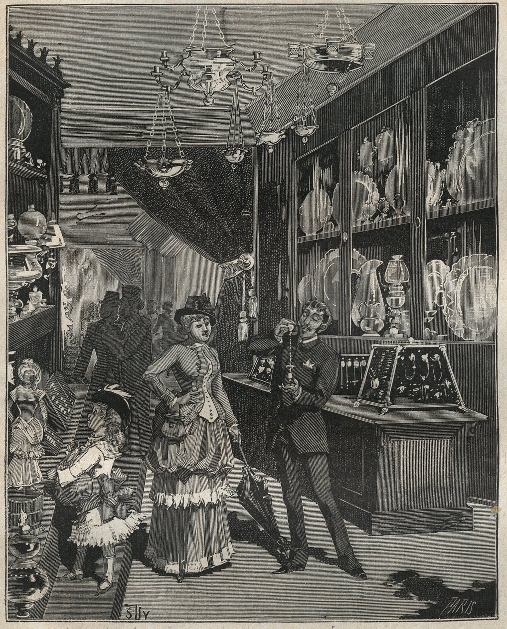En gullbutikk i Frankrike på 1800-tallet. Gravering fra 1885 i "" Les arts et metiers illustres"" av Adolphe BITARD. av French School