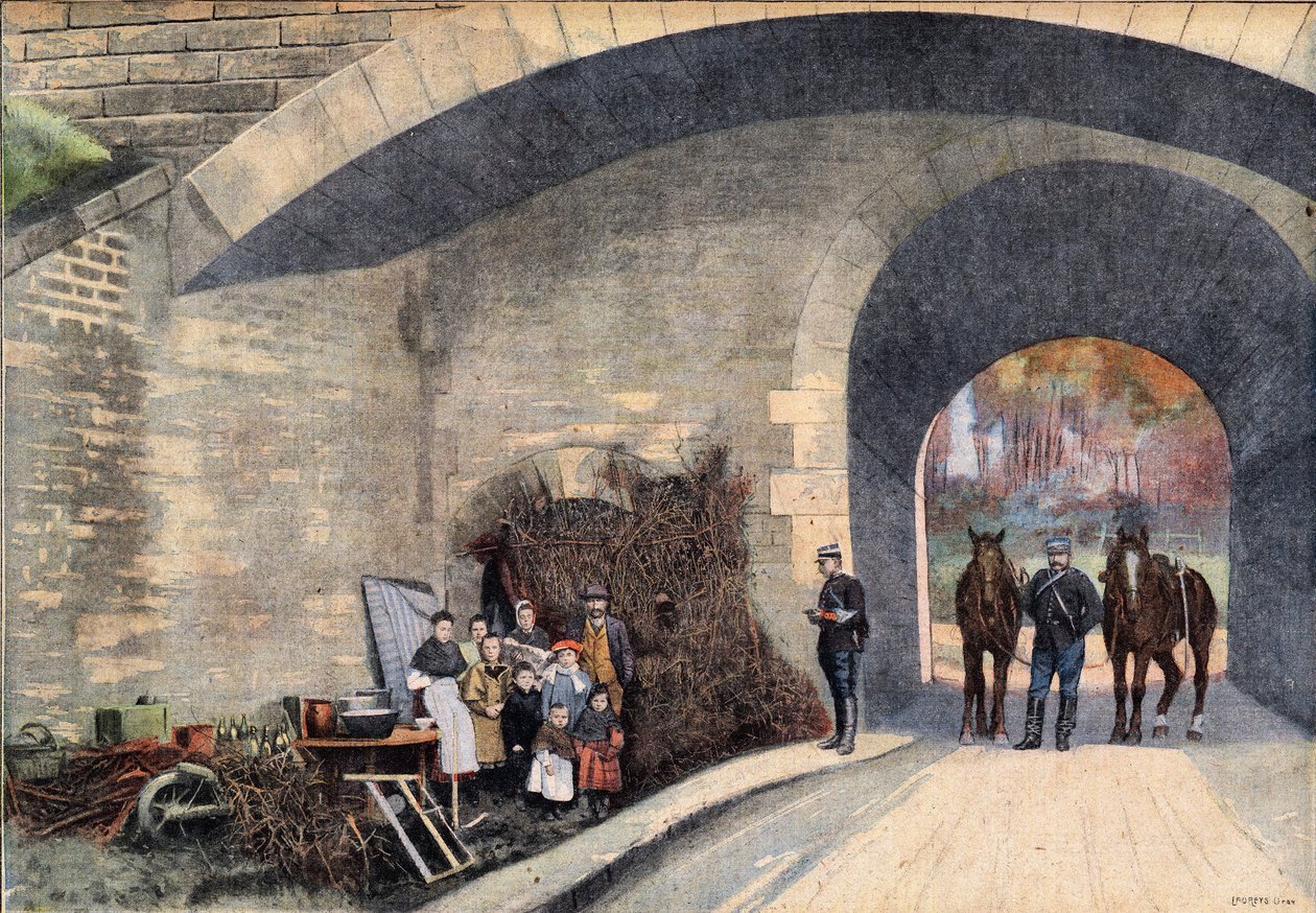 A homeless family camped under a bridge in Paris. Engraving taken from the newspaper " Le Petit Parisien”” av French School