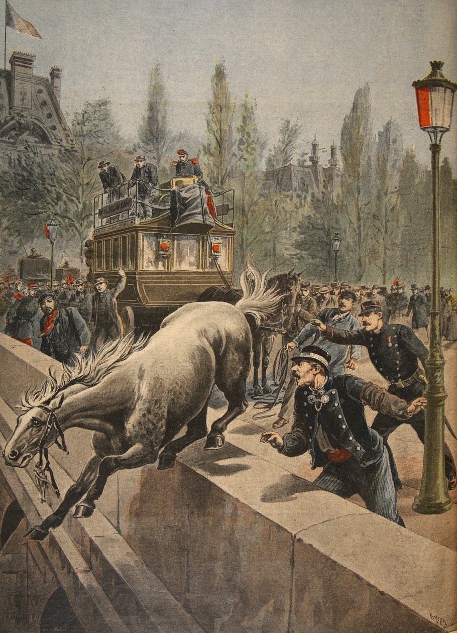En hest som begår selvmord, illustrasjon fra Le Petit Journal: Supplement illustre, 1898 av French School