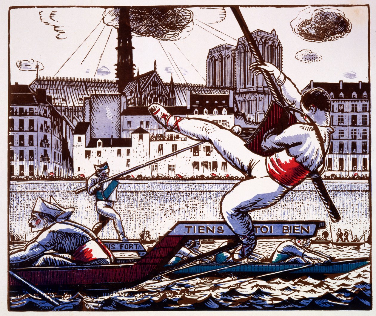 En jousting-konkurranse på en elvefestival på Seinen, Paris, ca. 1890-1920 (treblokktrykk i farger) av French School