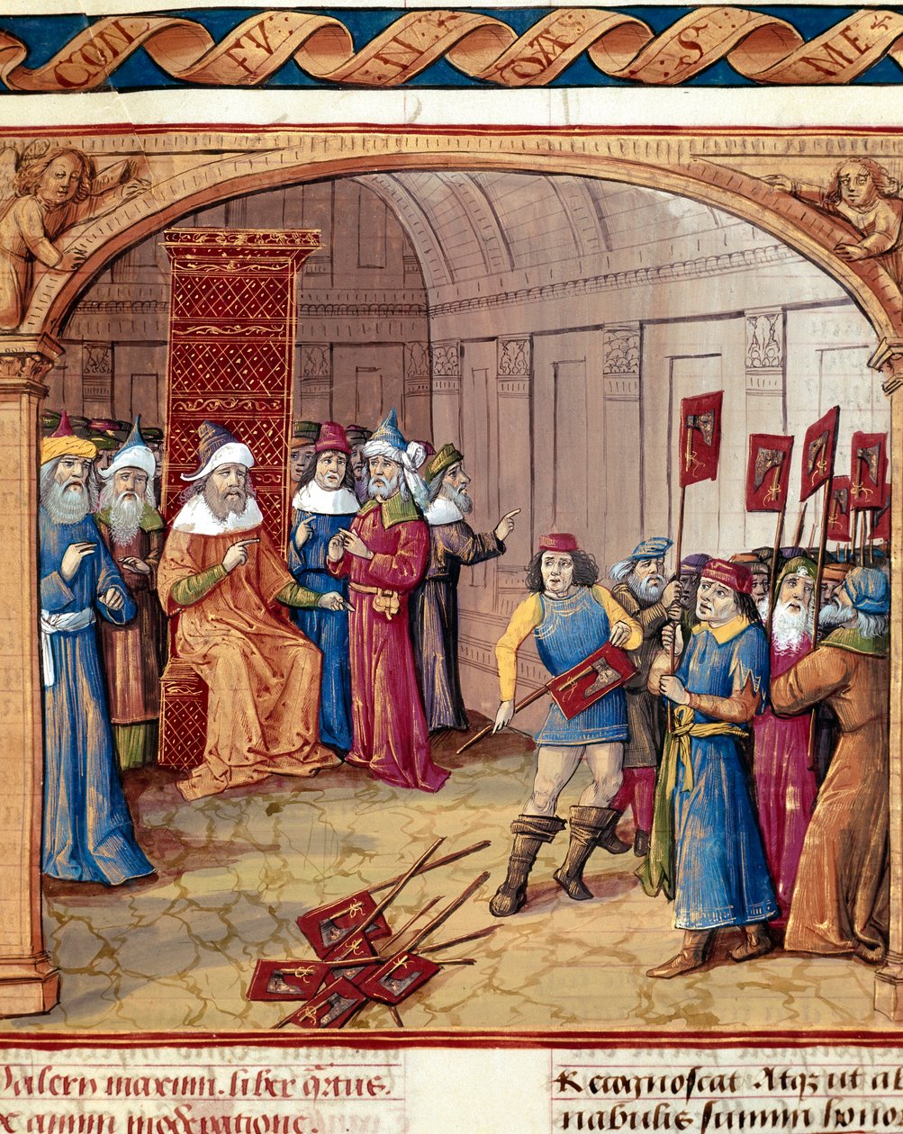 En konge mottar bannere og miniatyrøkser fra "Dicta et facta memorabilia" av Valere Maxime (Valerius Maximus) (1. århundre f.Kr.) 1410 Chantilly, Musee Conde av French School