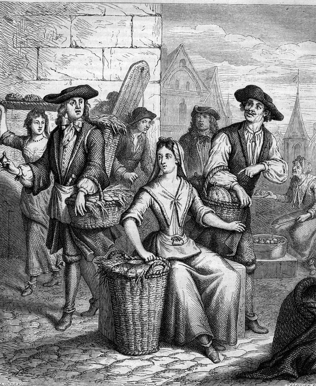A lady of the market (a fish saleswoman) in the 17th century. av French School
