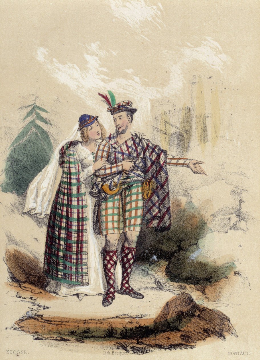 En mann som bærer en kilt og hans følgesvenn foran et slott; illustrasjon for Skottland, -i "De tolv nasjoner" av M.E. Fouinet av French School