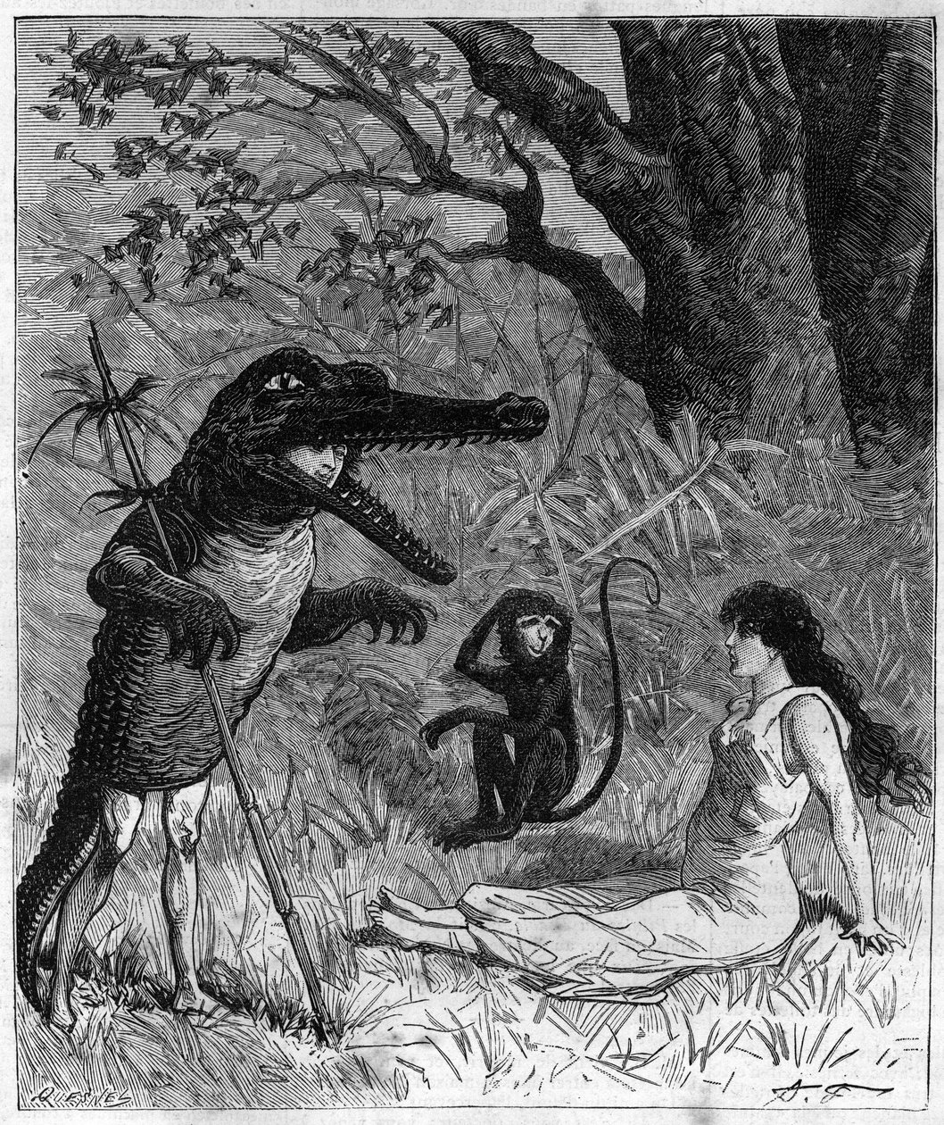 A man in a crocodile skin talks with a young woman who is fainted under the gaze of a monkey. Illustration of “” Journey around the world of sailor Biribi” by Theodore Labourieu and Saint Vrin (Saint-Vrin). Engraving from 1880 in “La republique illustree”” av French School