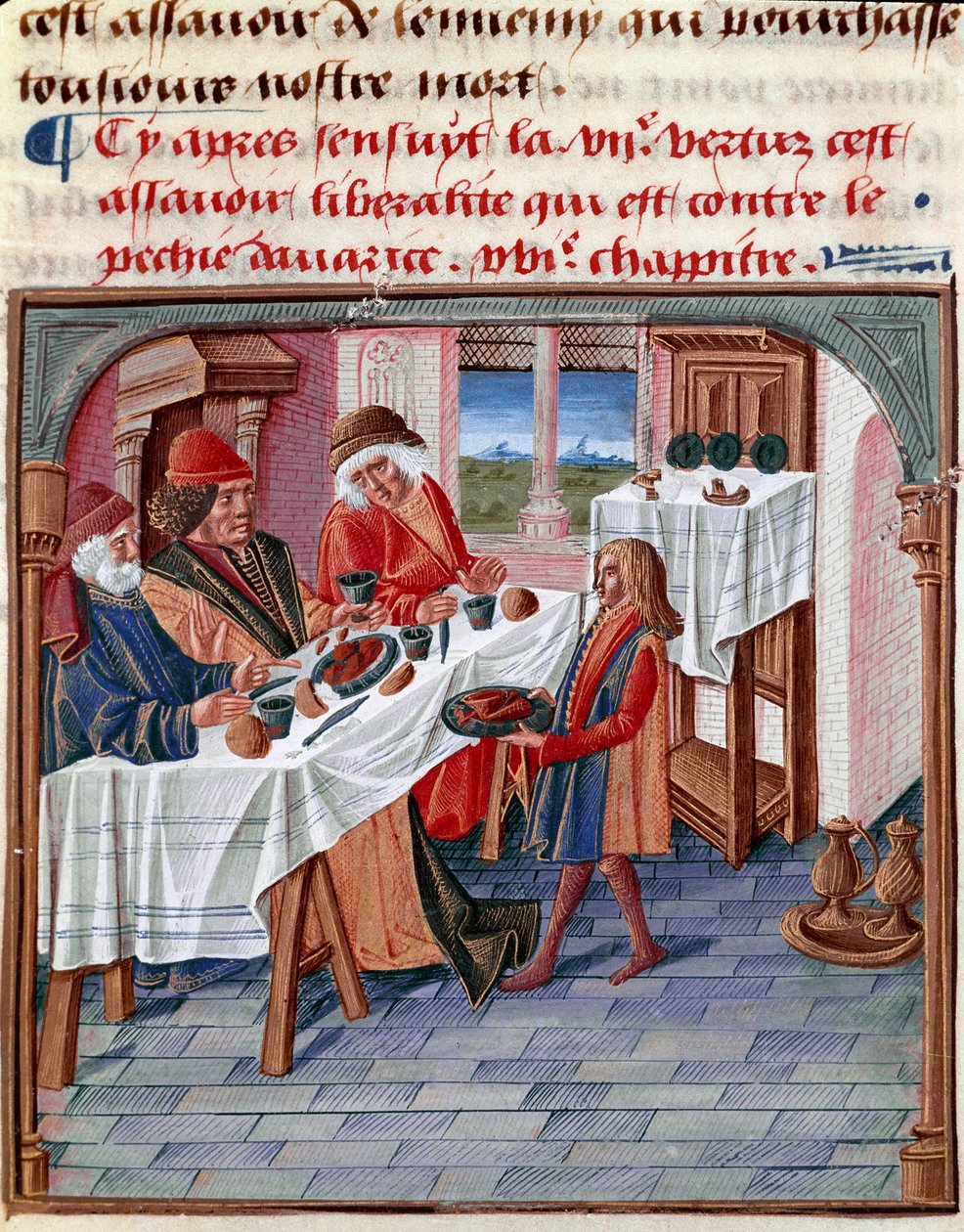 En mann deler bordet sitt med en fattig trengende Miniatyr hentet fra «Le livre de bonnes moreurs de Jacques Legrand» 1490 Chantilly, Musee Conde av French School