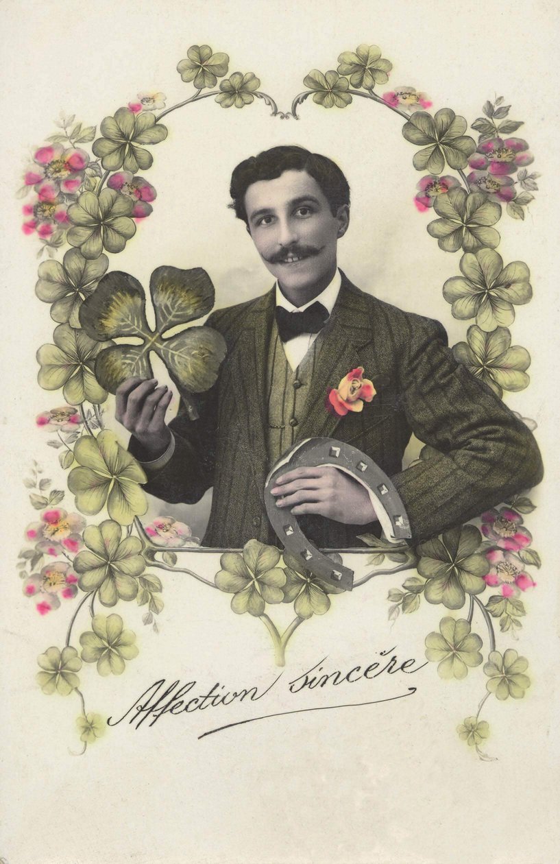 A man with a four-leaf trefle and a horseshoe. av French School