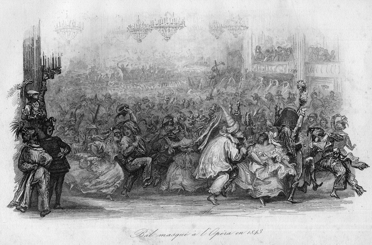 Et maskert ball på Paris Opera i 1843. (“” Le carnival”” sang av Marc-Antoine Madeleine Desaugiers) i “” - CHANS et CHANS POPULES DE LA FRANCE - 1843 - H.- L. DELLOYE, forlegger, LIBRAIRIE DE GARNIER. av French School