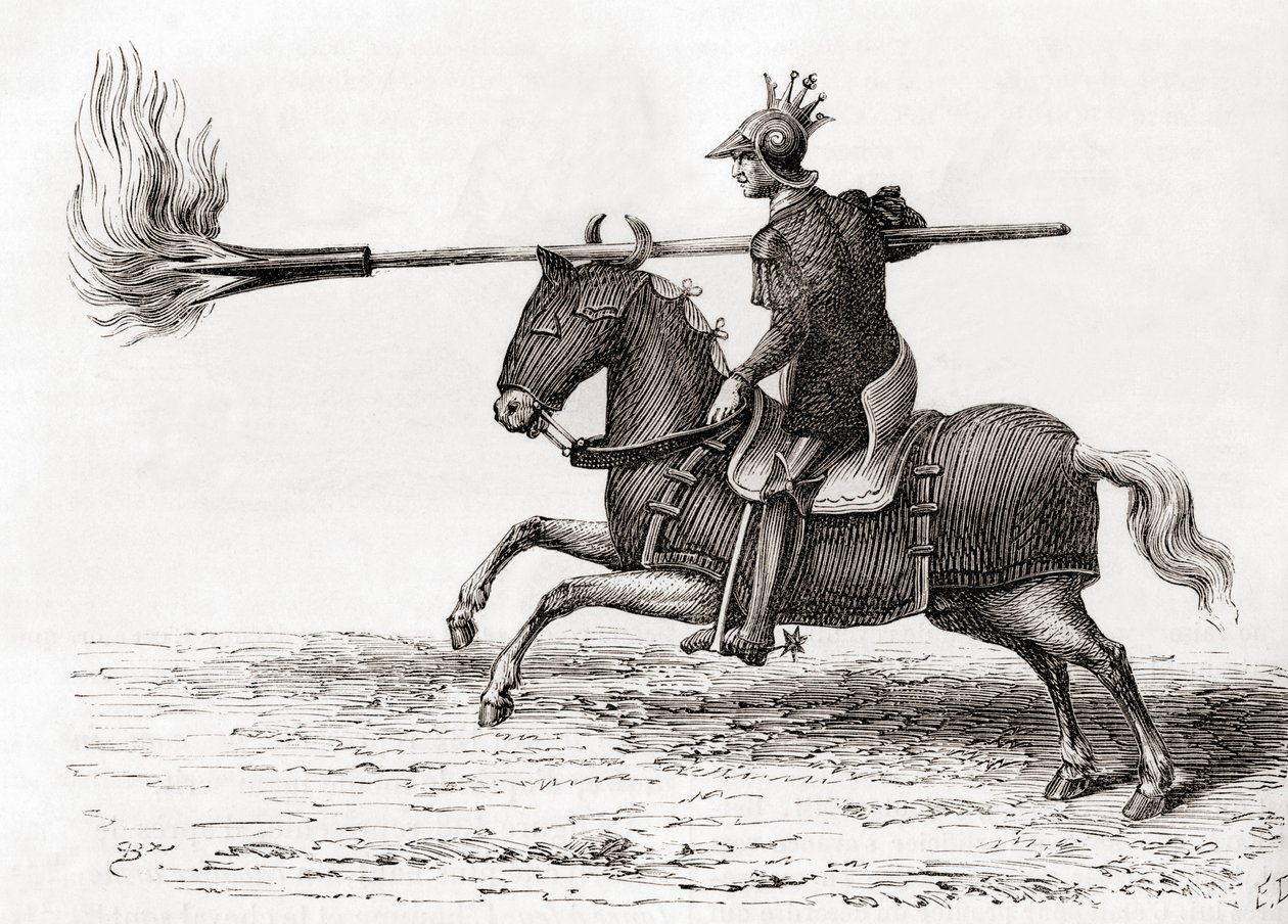 En middelaldersk ridder som bærer en ildlanse, eller ildspyd, et av de første kruttvåpnene i verden, fra Les Merveilles de la Science, publisert ca. 1870 (gravering) av French School