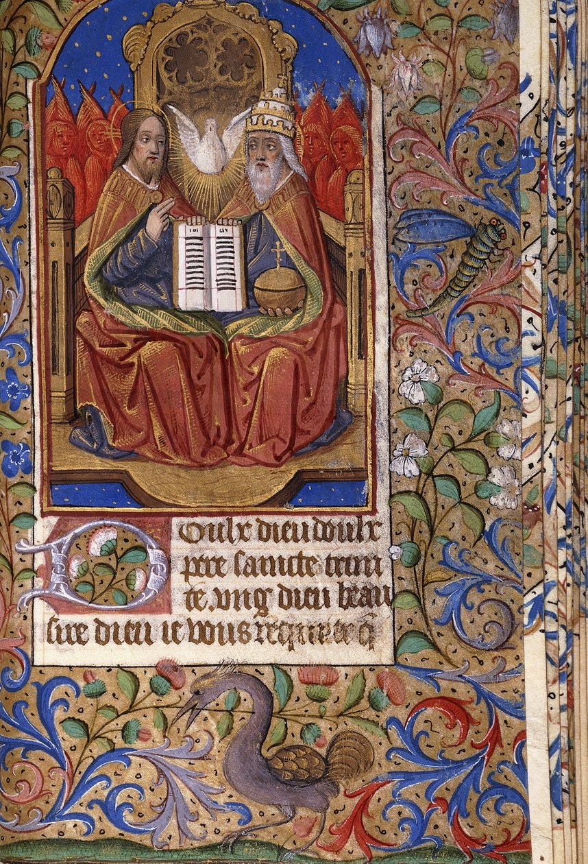 En miniatyr fra en timebok, på latin og fransk, som viser treenigheten tronet med engler, ca. 1485 av French School