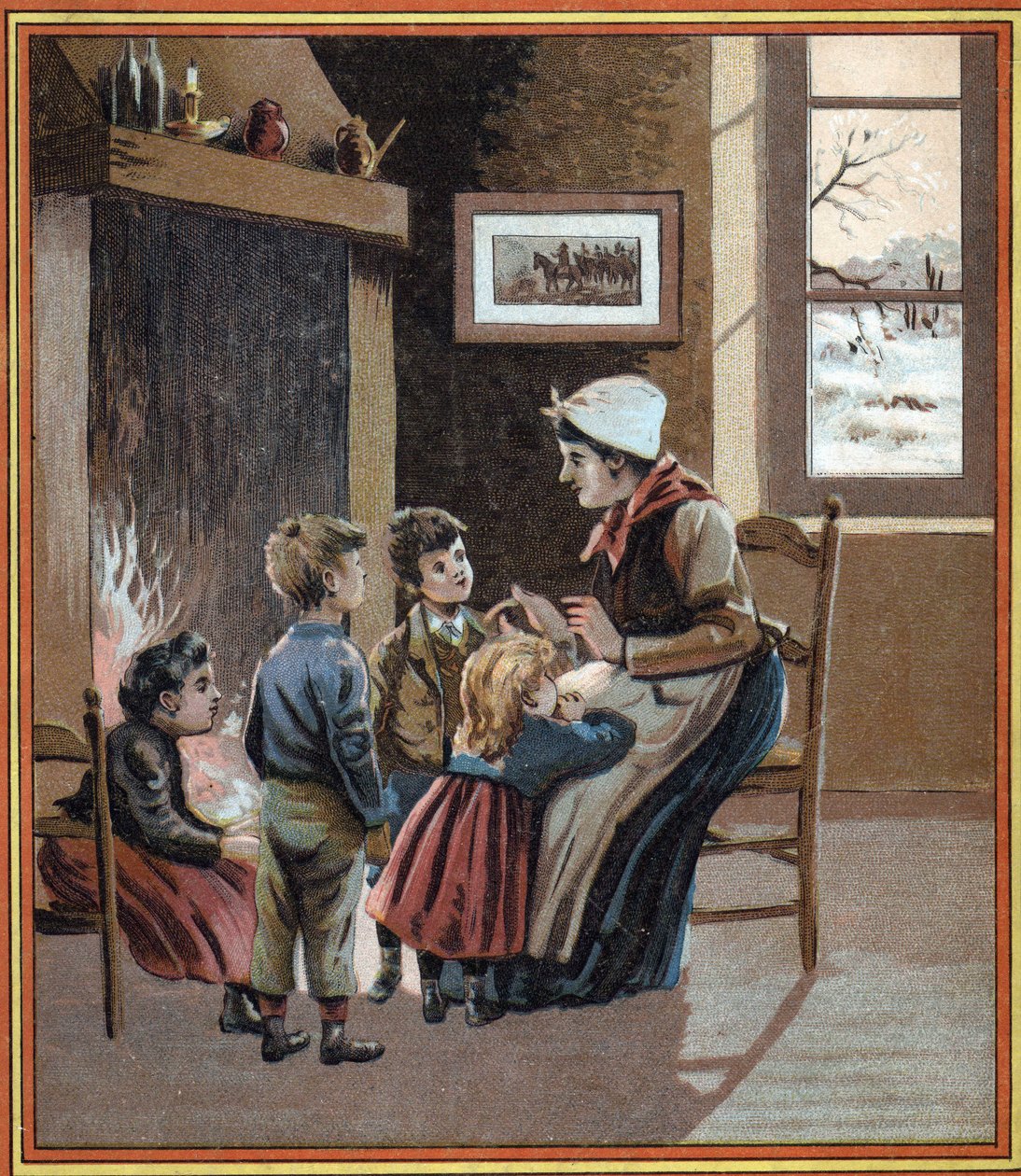 En mor forteller historier til barna sine ved bålet. Omslag til boken "" Les tales du foyer pour les petits""". Anonym gravering fra 1800-tallet. av French School
