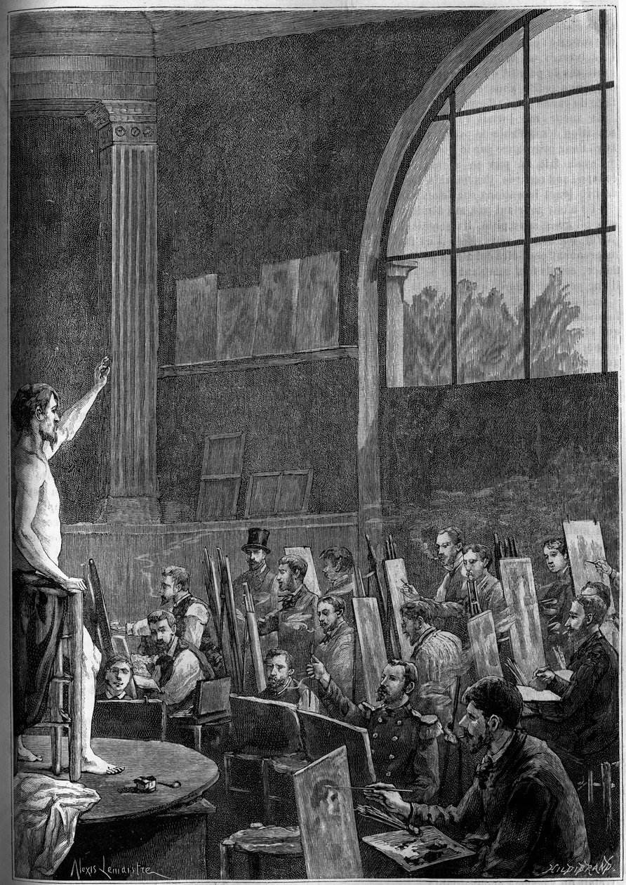 En poseøkt i et kunstnerverksted i Paris. Gravering i den berømte journalen "" La jeunesse"" av French School