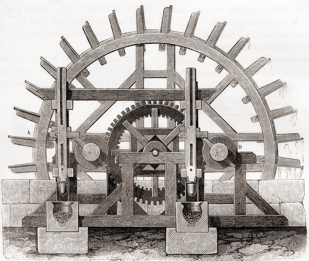 En pulvermølle og dens vannhjul, etter en tegning fra 1800-tallet, fra Les Merveilles de la Science, publisert ca. 1870 (gravering) av French School