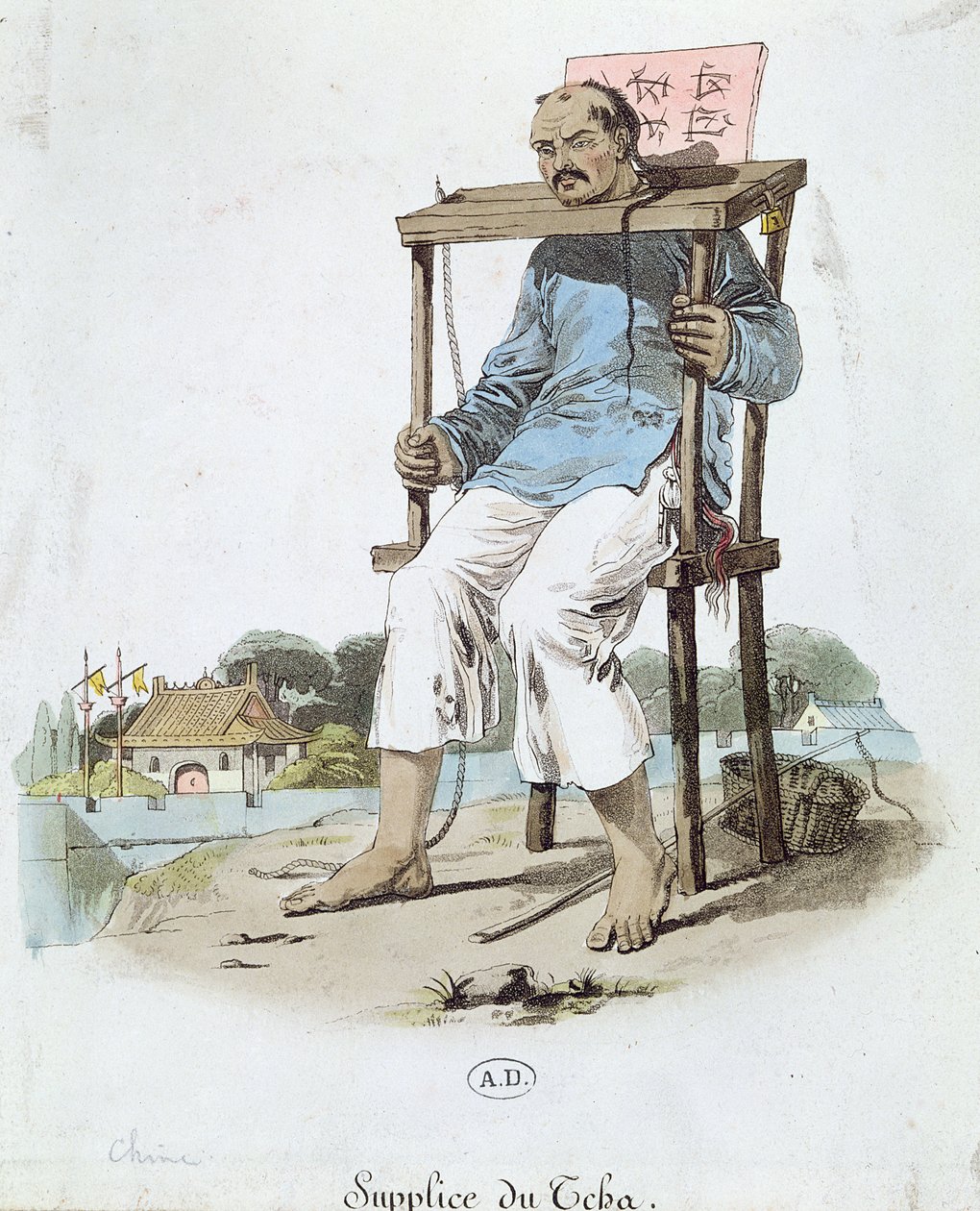En fange i Cangue i Kina, ca. 1800 (fargegravering) av French School