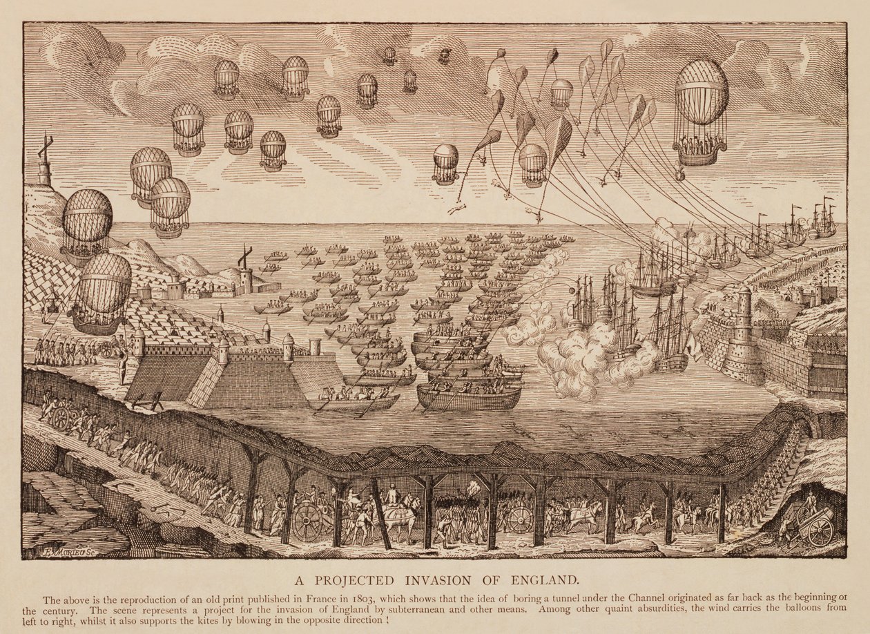 En anslått invasjon av England, reproduksjon av fransk trykk fra 1803 av French School